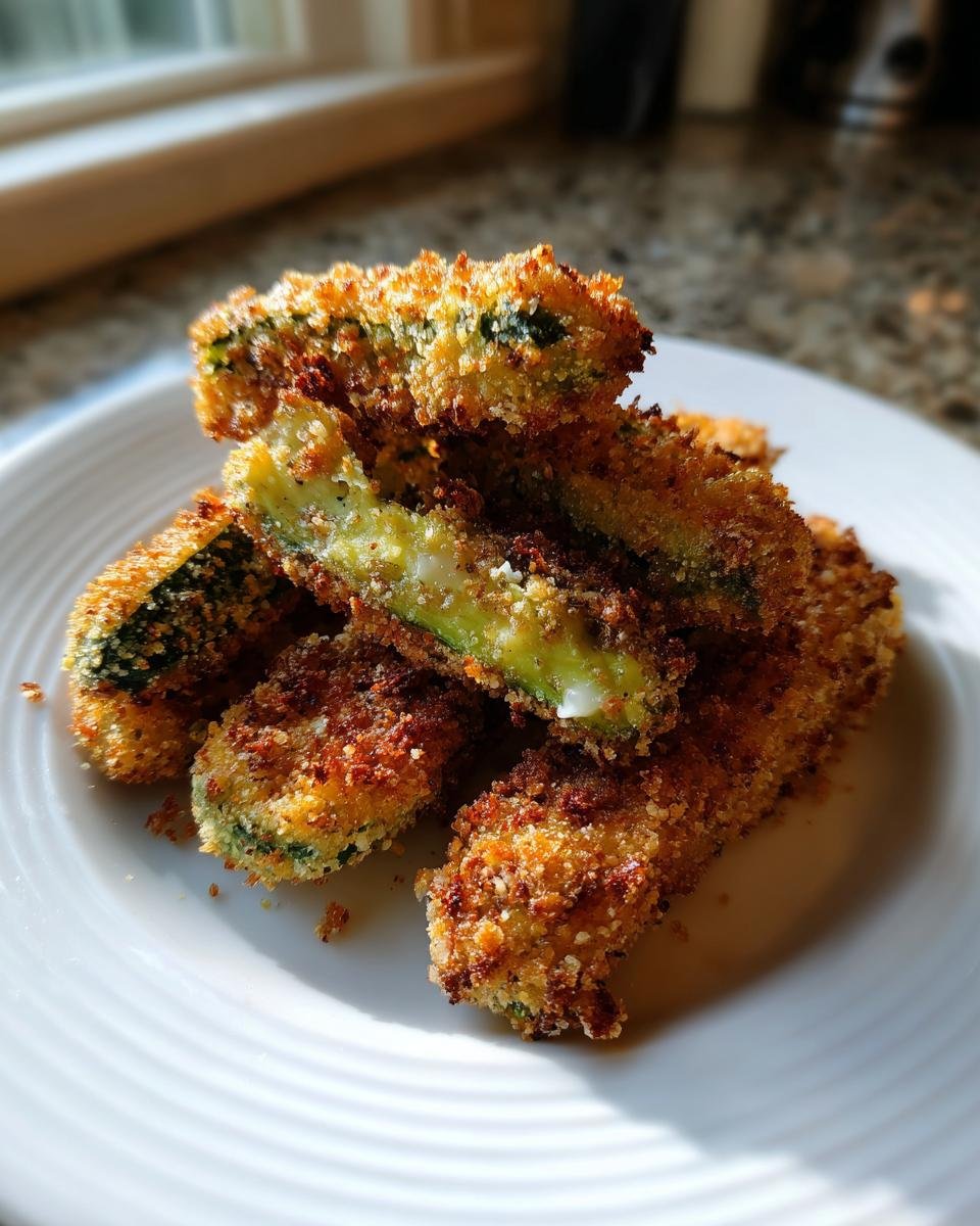 A stack of golden brown, crispy Air Fryer Avocado Fries on a white plate, showing the creamy green interior.