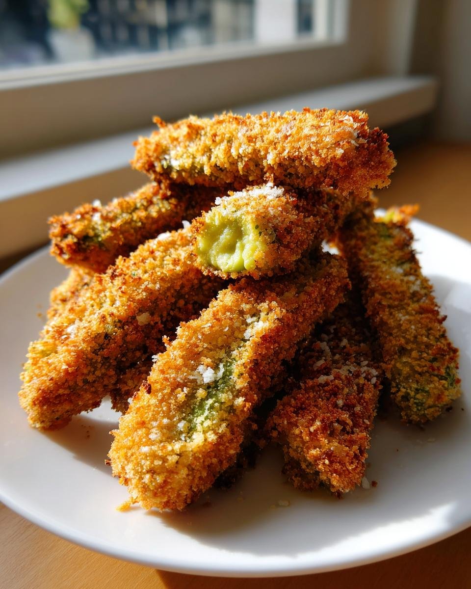 A stack of golden brown, crispy Air Fryer Avocado Fries on a white plate, with one fry broken open showing the creamy green interior.