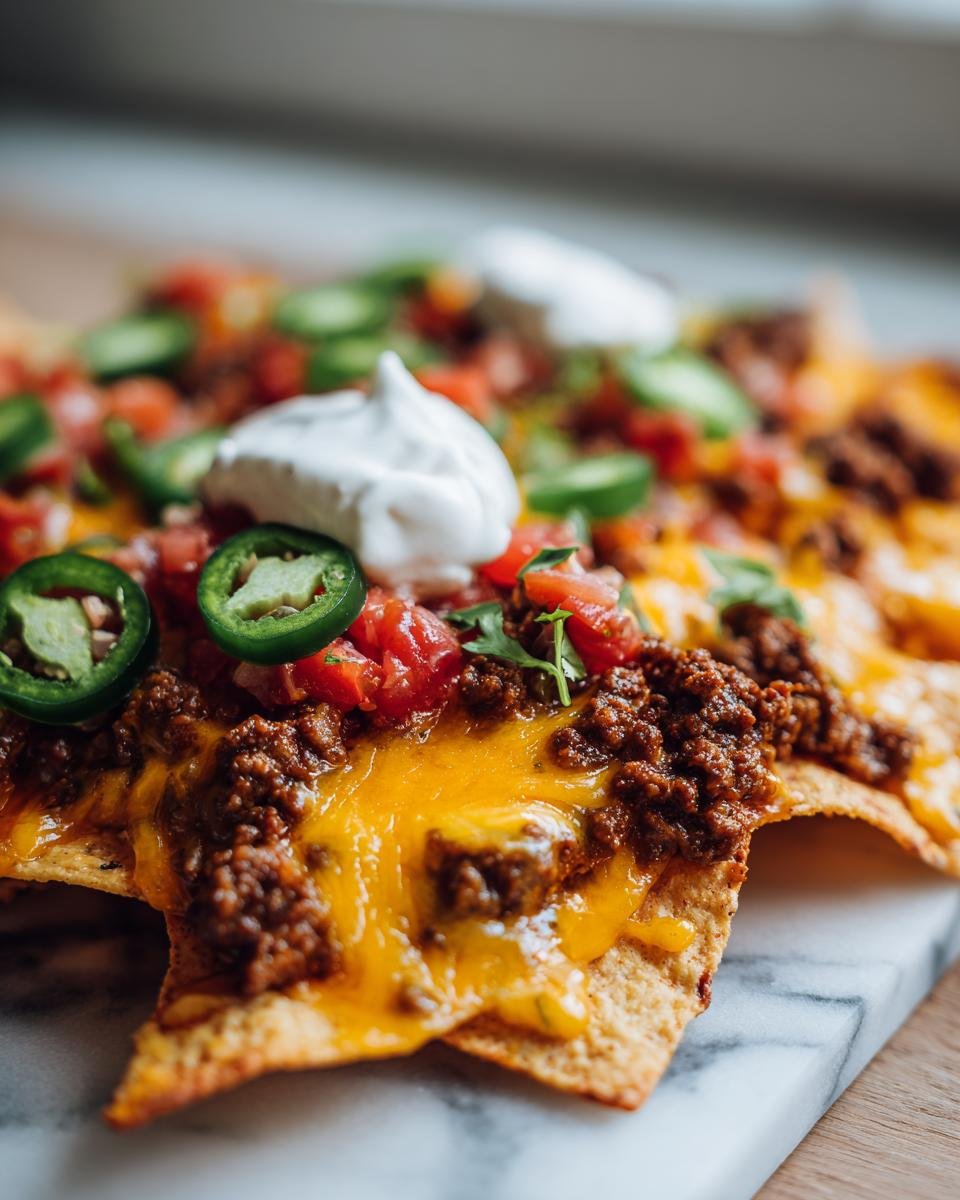 Close-up of cheesy Air Fryer Nachos topped with seasoned ground beef, salsa, jalape&ntilde;os, and sour cream.