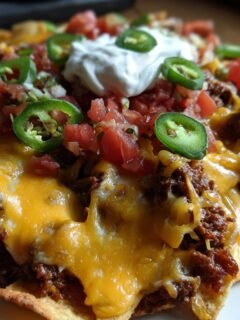 Close-up of fully loaded Air Fryer Nachos with melted cheddar, seasoned beef, salsa, and jalape&ntilde;o slices.