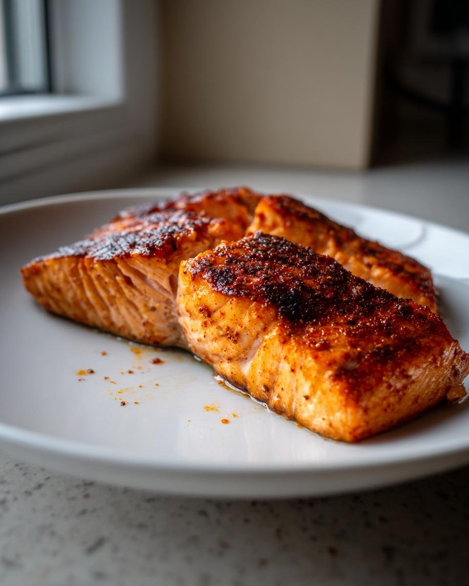 Three seasoned and perfectly cooked Air Fryer Salmon fillets resting on a white plate.