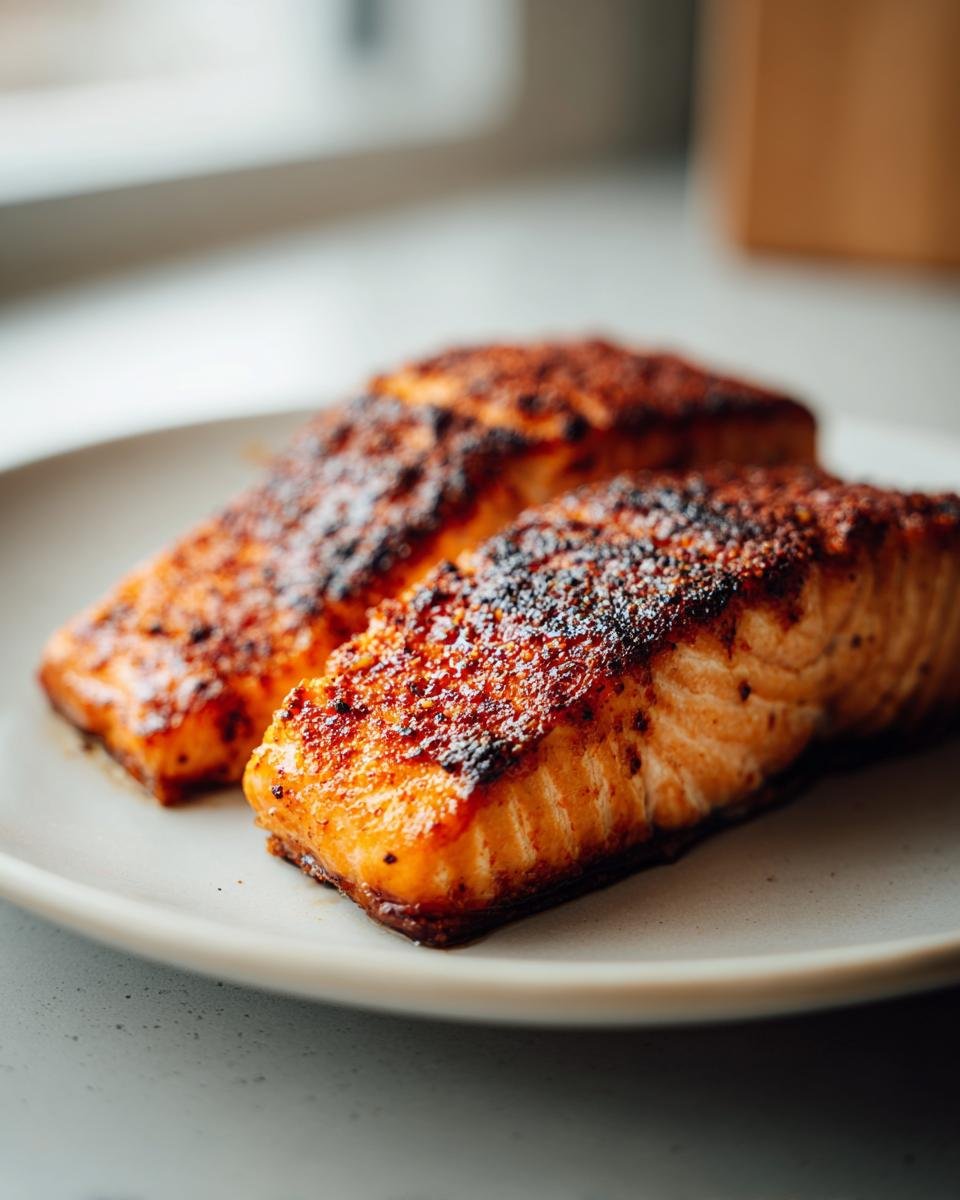Two beautifully seasoned and cooked Air Fryer Salmon fillets resting on a light gray plate.
