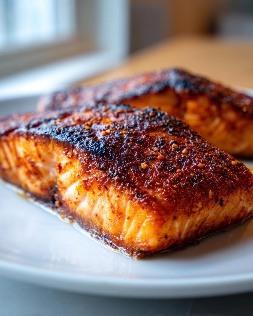 Close-up of a perfectly cooked Air Fryer Salmon fillet with a dark, seasoned crust resting on a white plate.