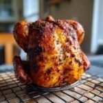 A whole, perfectly roasted Beer Can Chicken with deeply browned, seasoned, and crispy skin resting on a cooling rack.
