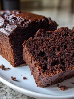 A close-up of a rich, dark chocolate Brownie Bread loaf with one thick slice cut, showing the moist, dense crumb.