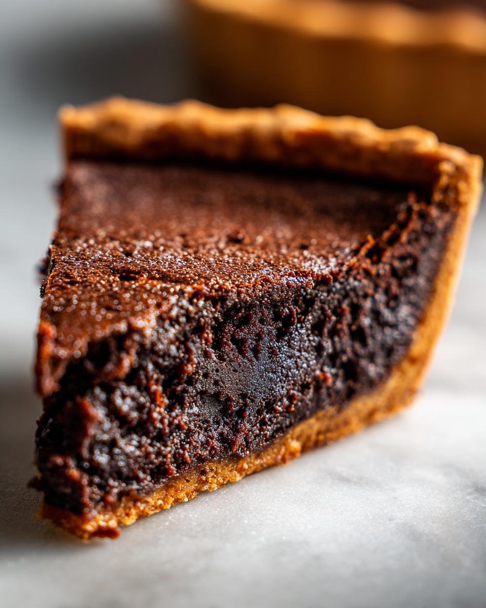 Close-up of a decadent slice of Brownie Pie showing the fudgy interior and crisp crust.