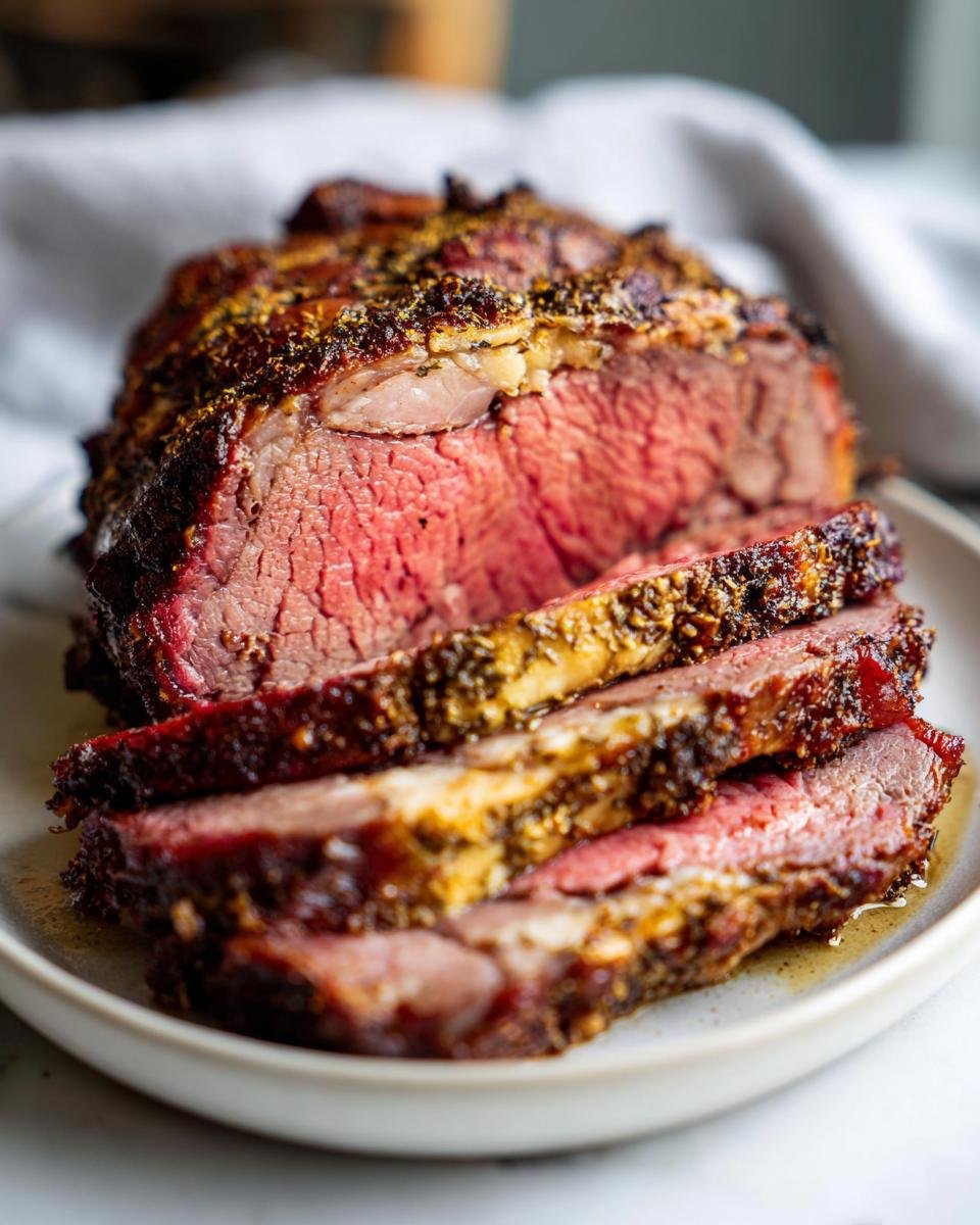 Close-up of sliced Porchetta showing medium-rare interior and richly seasoned, crispy outer crust.