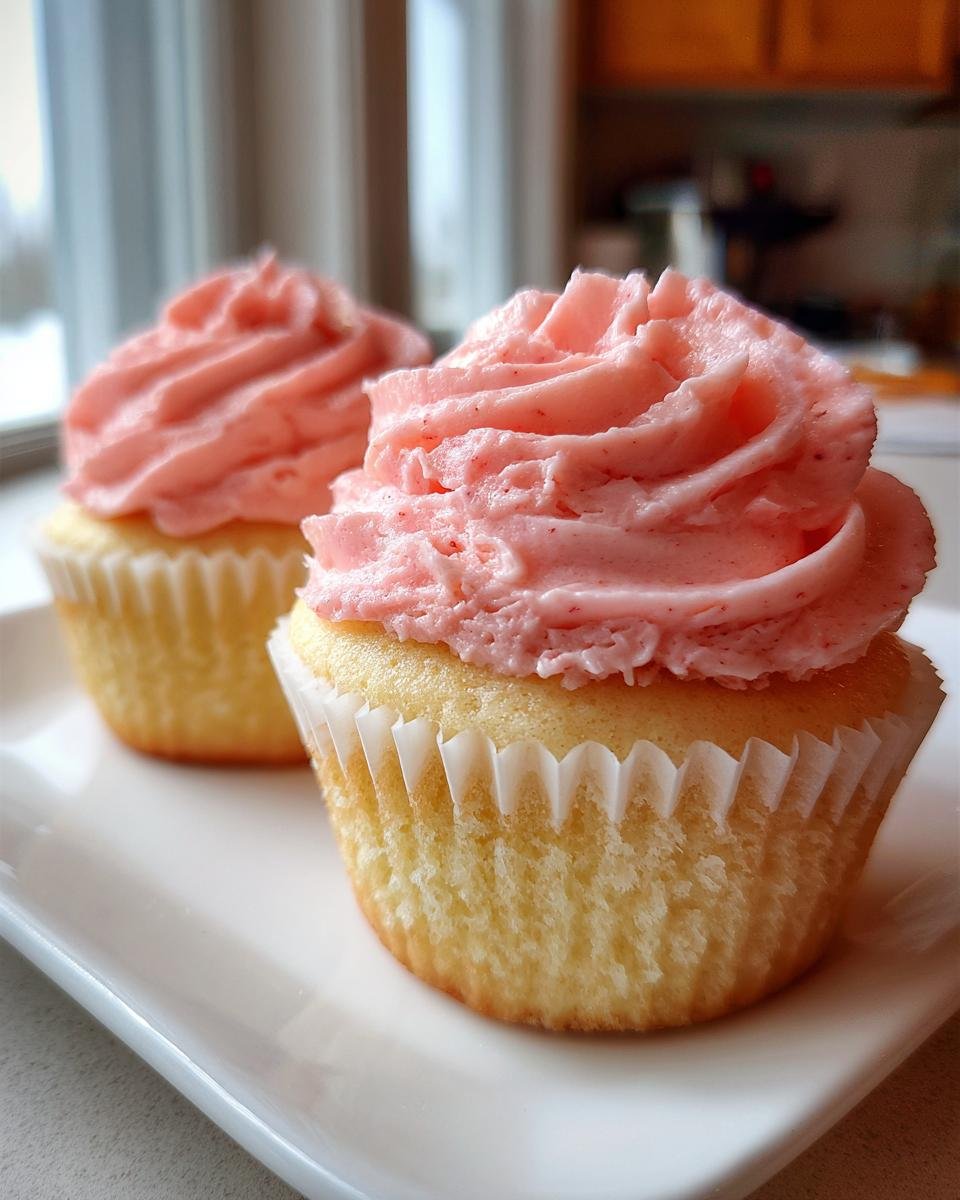 Close-up of two delicious Strawberry Cupcakes with fluffy pink strawberry frosting on a white plate.