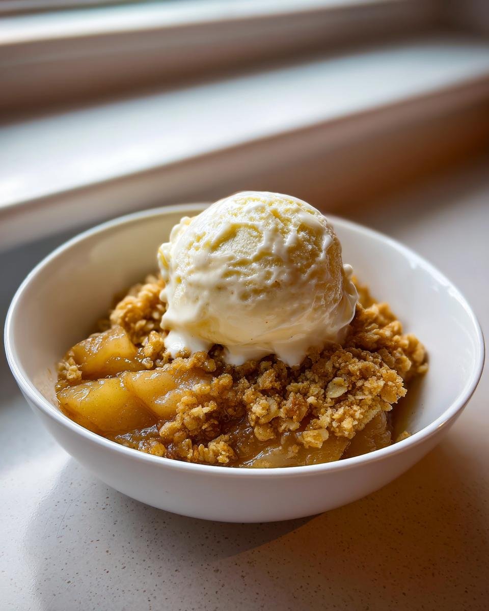 A close-up of a warm serving of Apple Crumble topped with a scoop of melting vanilla ice cream in a white bowl.
