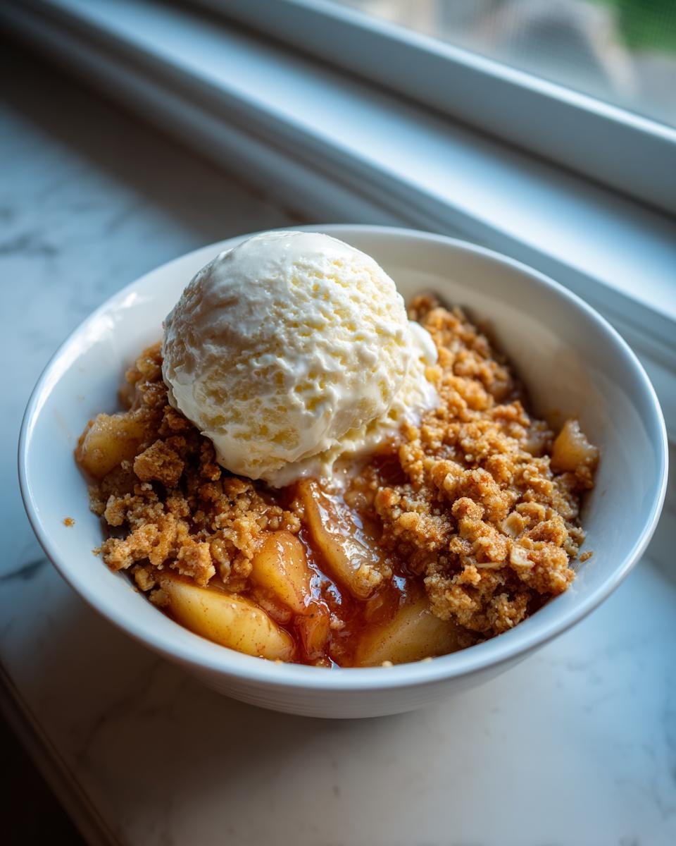 A white bowl filled with warm Apple Crumble topped with a scoop of melting vanilla ice cream.