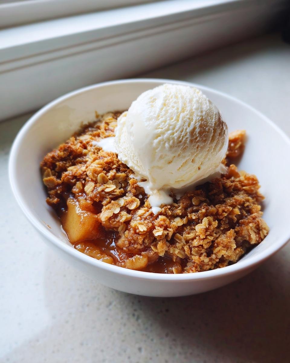 A white bowl filled with warm Apple Crumble topped with a scoop of melting vanilla ice cream.