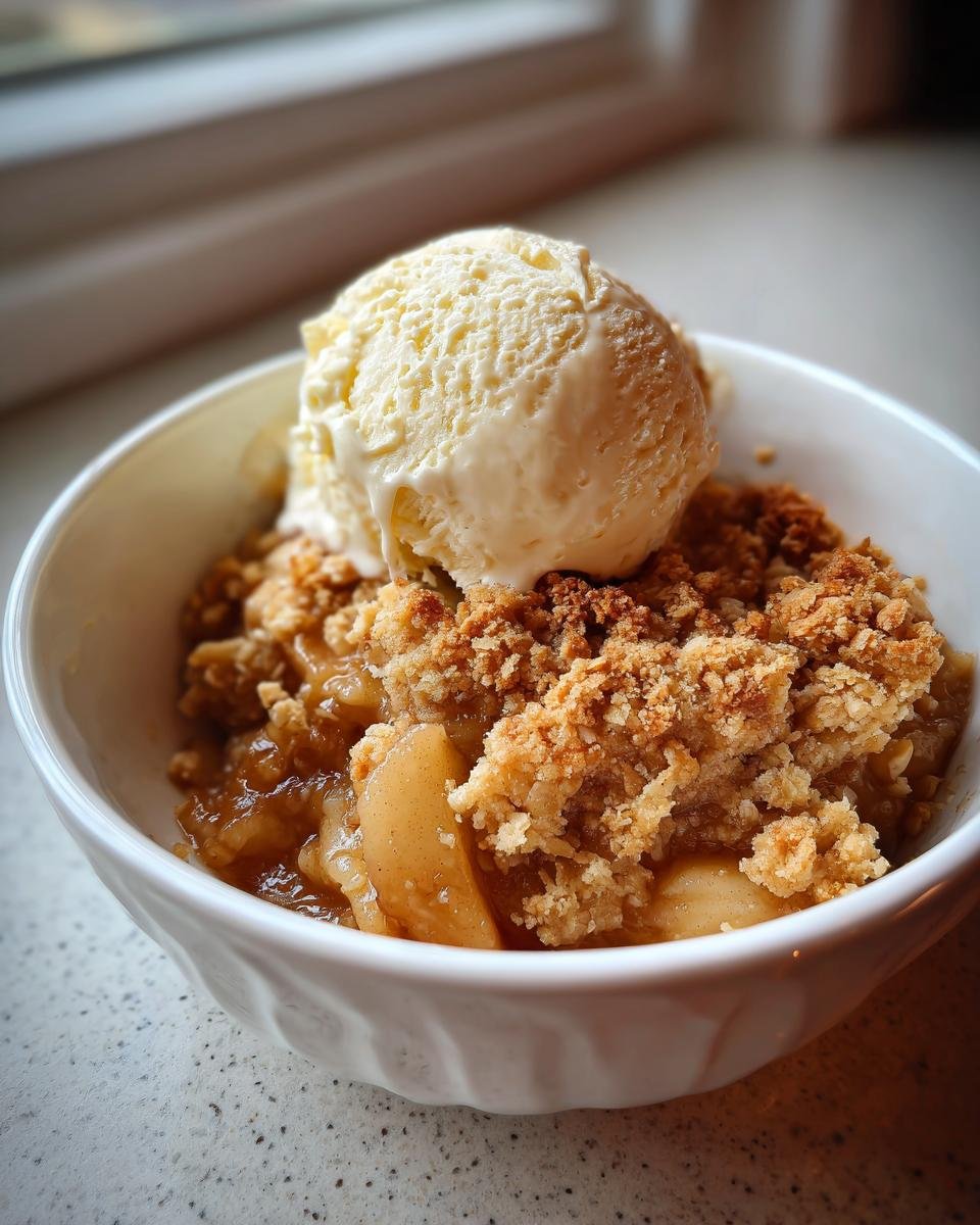 A warm serving of Apple Crumble topped with a melting scoop of vanilla ice cream in a white bowl.