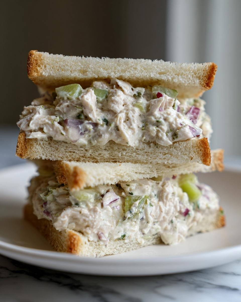 Two halves of a homemade Arbys Chicken Salad Sandwich stacked on a white plate.