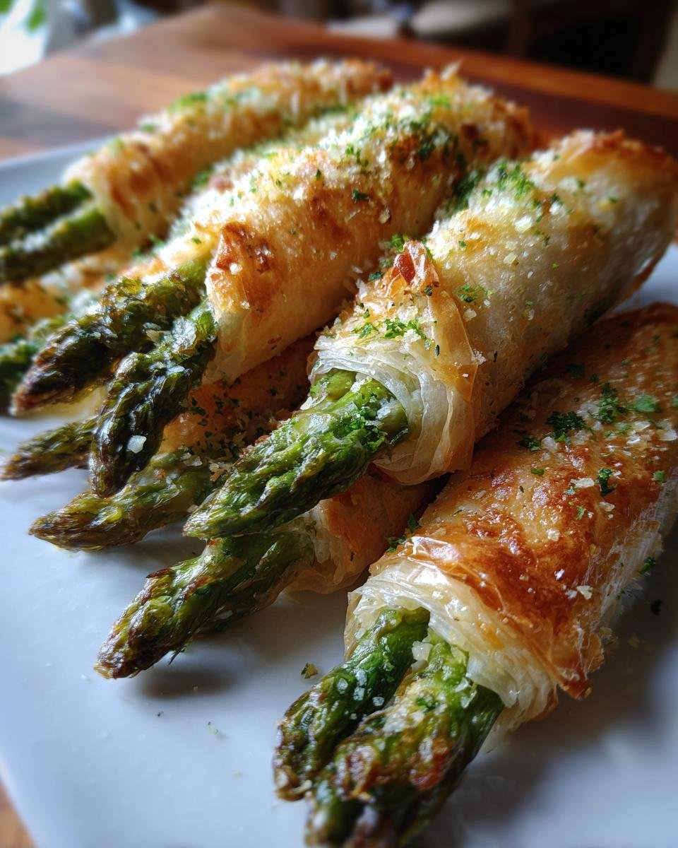 Close-up of baked Asparagus Phyllo Bundles, crispy and golden brown, topped with grated cheese and herbs.
