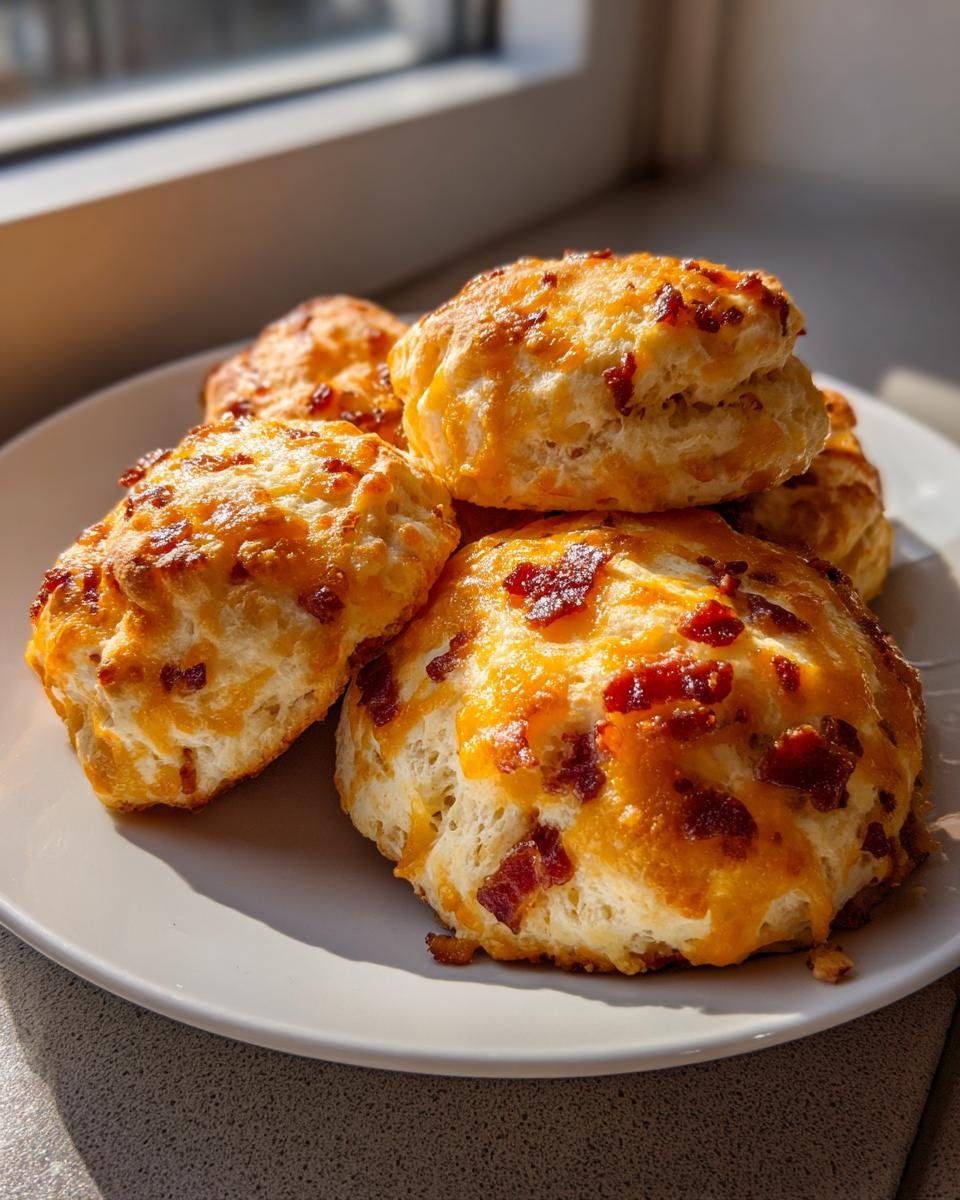 A stack of freshly baked Bacon Cheddar Biscuits with melted cheese and crispy bacon bits on top, illuminated by sunlight.