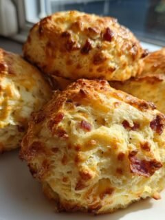 A close-up of several golden-brown Bacon Cheddar Biscuits piled on a white plate near a window.