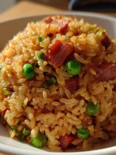 A close-up, featured image of perfectly cooked Bacon Fried Rice mounded in a white bowl with bright green peas.