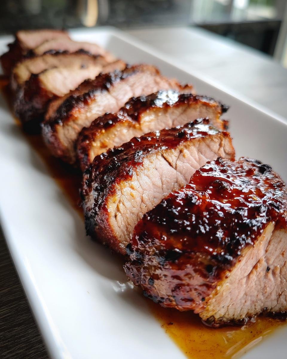 Close-up of perfectly cooked Balsamic Roasted Pork Tenderloin, sliced and glistening with a dark, rich glaze.