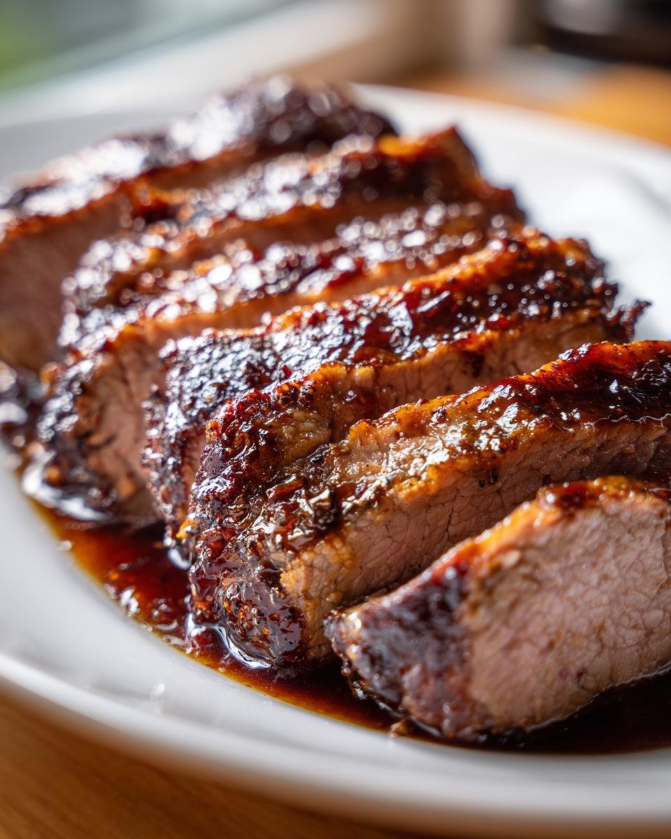 Close-up of sliced Balsamic Roasted Pork Tenderloin covered in a rich, dark glaze resting in its juices.
