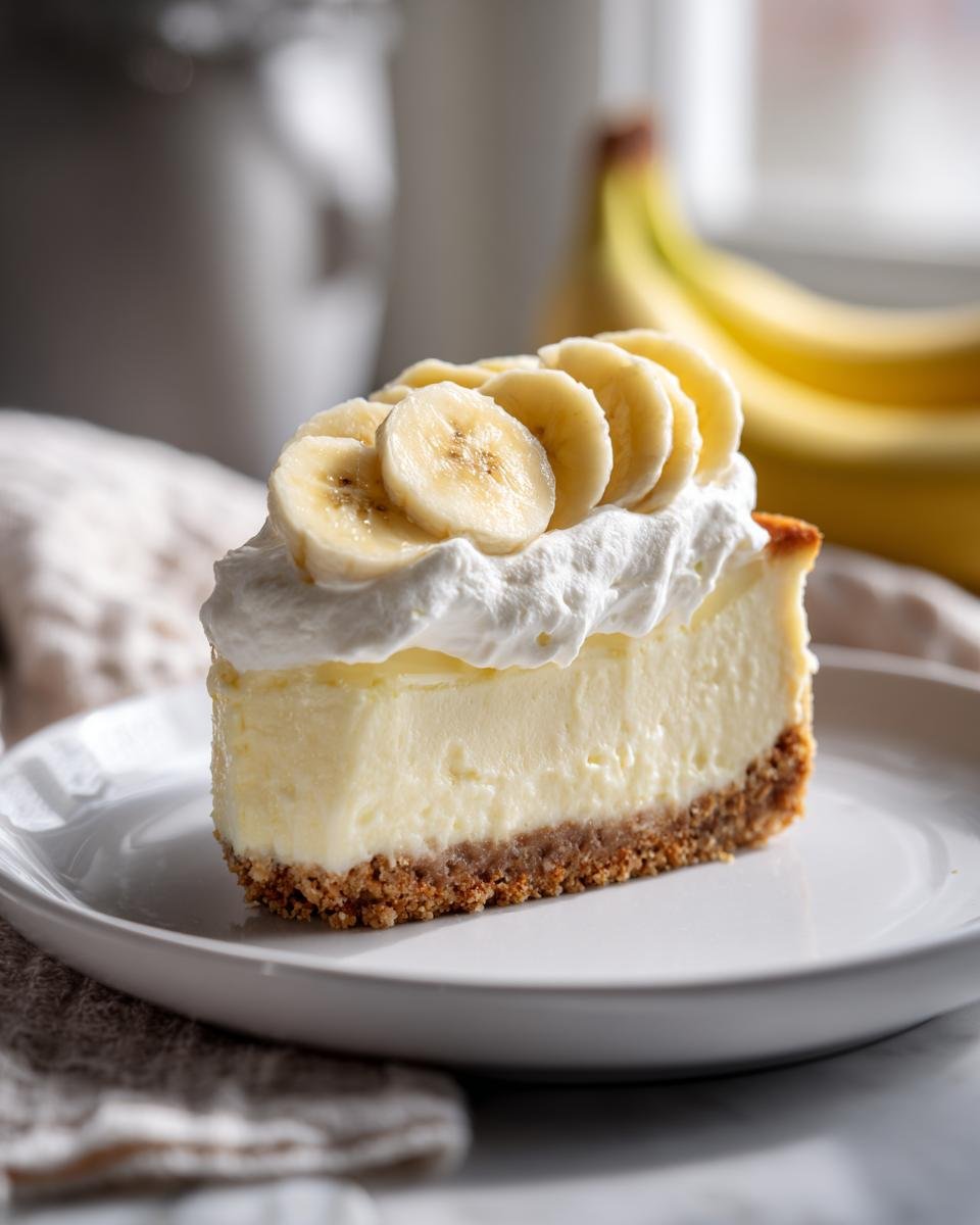 A perfect slice of Banana Cream Cheesecake topped with whipped cream and fresh banana slices on a white plate.