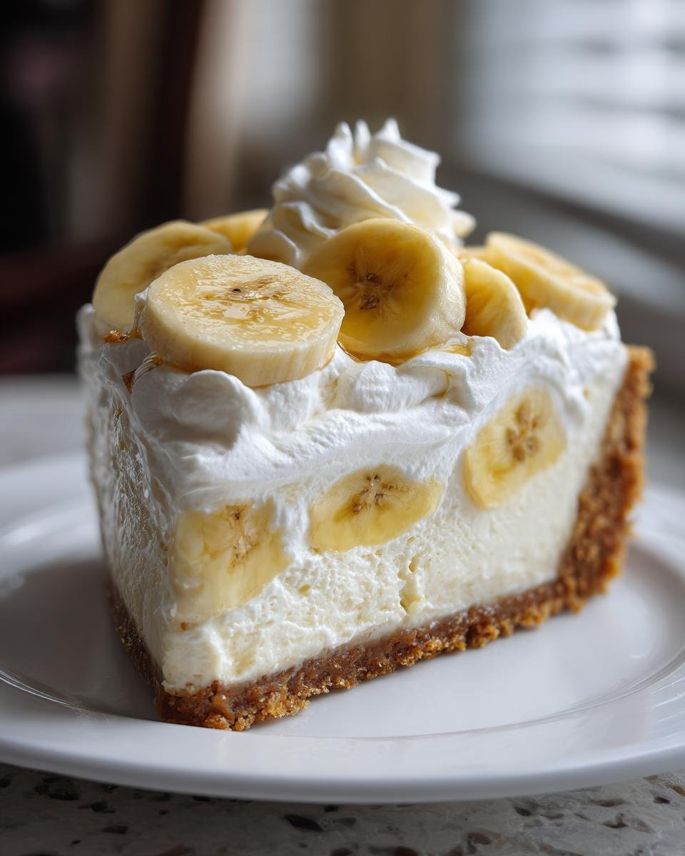 A close-up of a rich slice of Banana Cream Cheesecake topped with whipped cream and fresh banana slices.