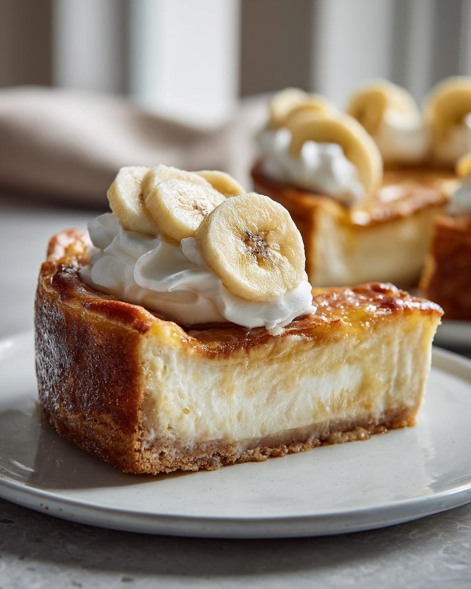 Close-up of a single serving of Banana Cream Cheesecake topped with whipped cream and fresh banana slices.