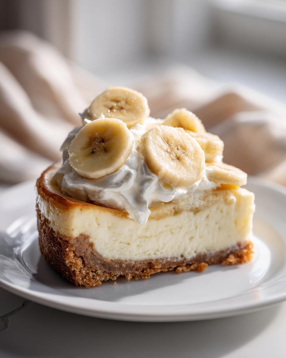 A single serving slice of rich Banana Cream Cheesecake topped with whipped cream and fresh banana slices.