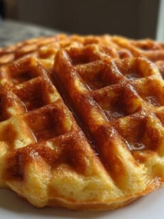 Close-up of golden brown Banana Waffles drizzled with syrup, stacked on a white plate.