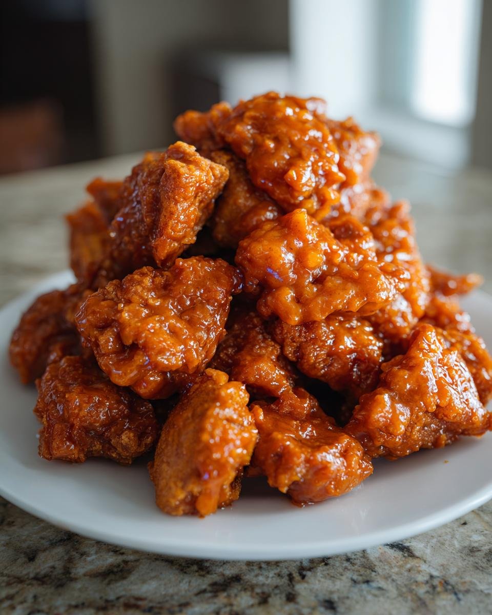 A close-up of a mound of crispy, glazed Bang Bang Chicken pieces piled high on a white plate.