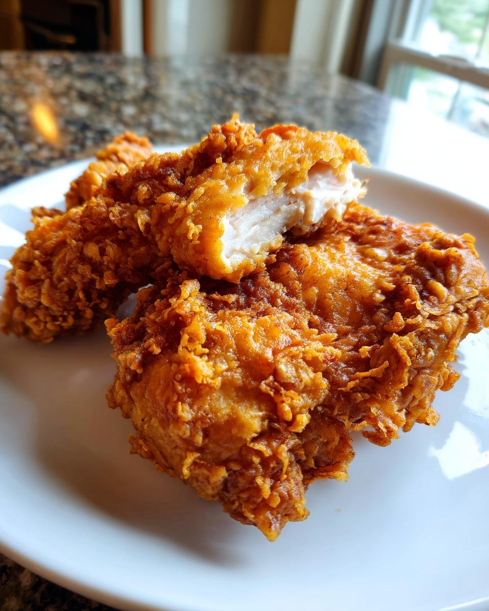 Close-up of crispy, golden-brown Beer Battered Fried Chicken, with one piece broken open to show the moist white meat inside.