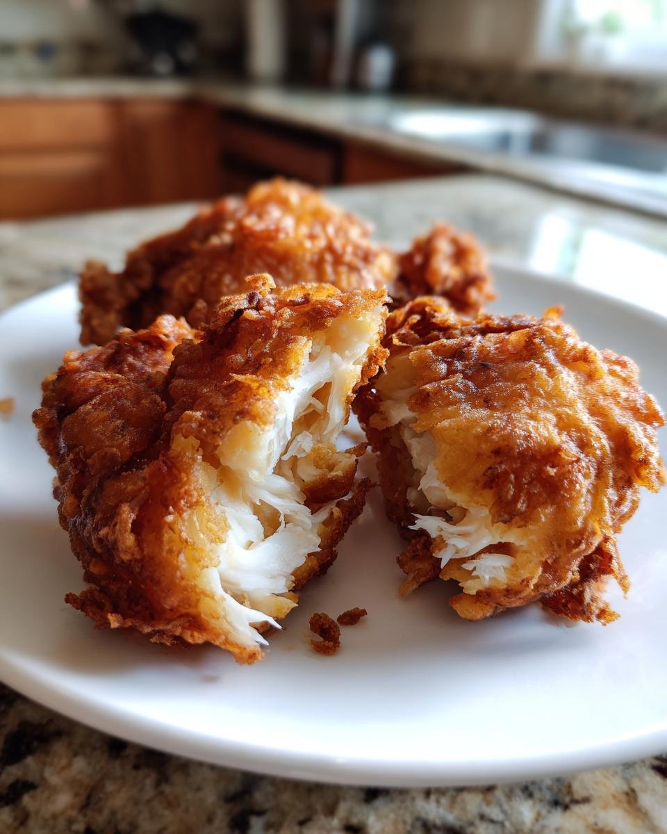 Close-up of Beer Battered Fried Chicken broken open showing moist white meat and crispy golden crust.