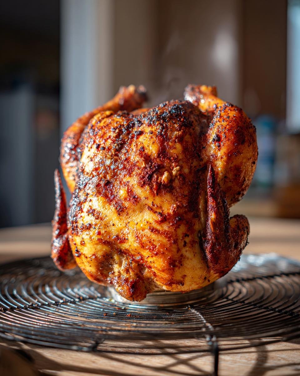 A whole, perfectly roasted Beer Can Chicken sitting upright on a cooling rack, steaming slightly.