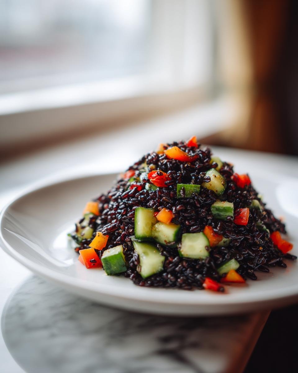 A mound of colorful black rice recipes salad mixed with diced cucumber and orange/red peppers on a white plate.