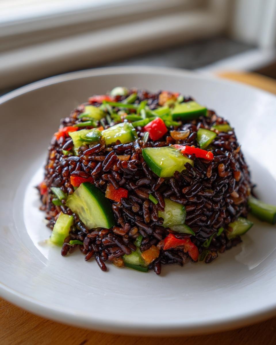 A mound of Black Rice Recipes salad mixed with fresh cucumber and red pepper pieces on a white plate.