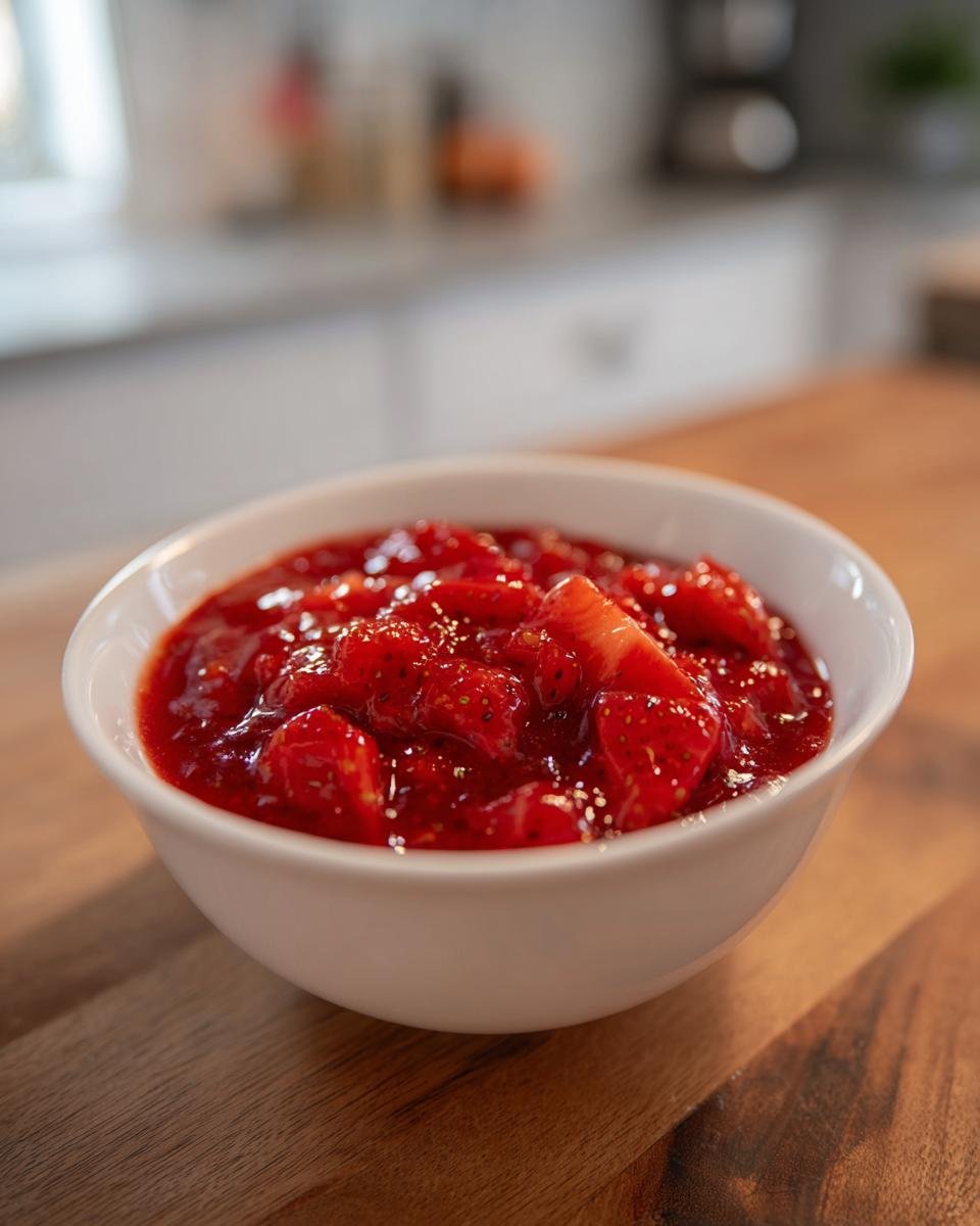 A white bowl filled with chunky, vibrant red homemade Strawberry Sauce resting on a wooden countertop.