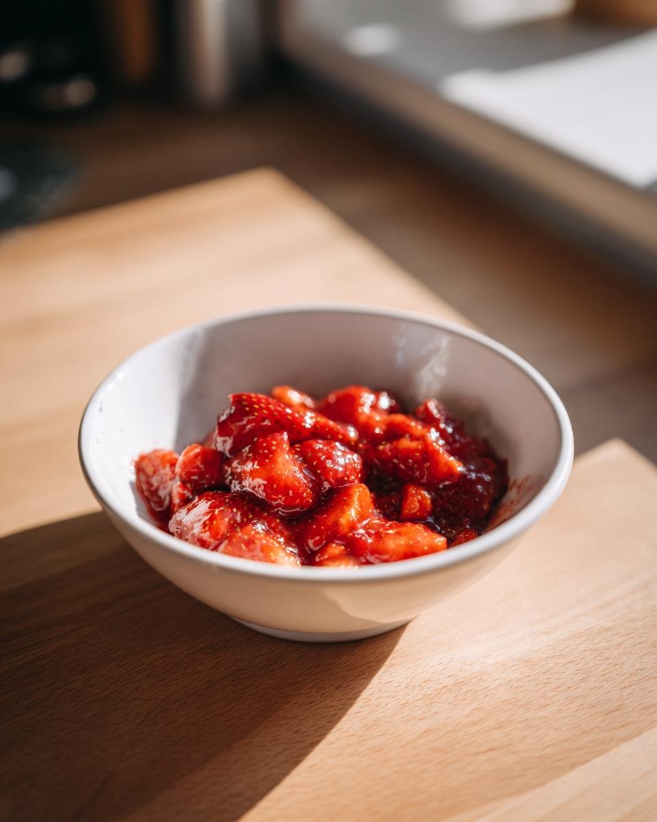 A white bowl filled with glistening, macerated strawberries ready to be used as Strawberry Sauce.