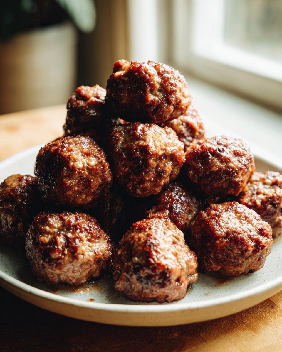 A close-up stack of freshly cooked, browned meatballs served on a light-colored plate, showcasing one of the amazing Meatball Recipes.