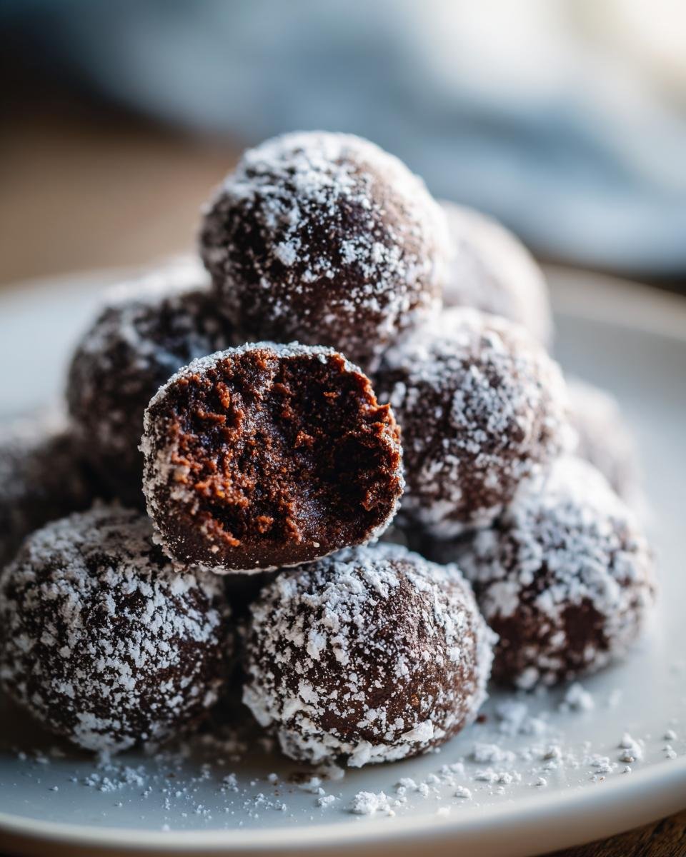 A stack of rich, dark Brownie Truffles dusted heavily with powdered sugar, with one truffle bitten open showing the dense interior.