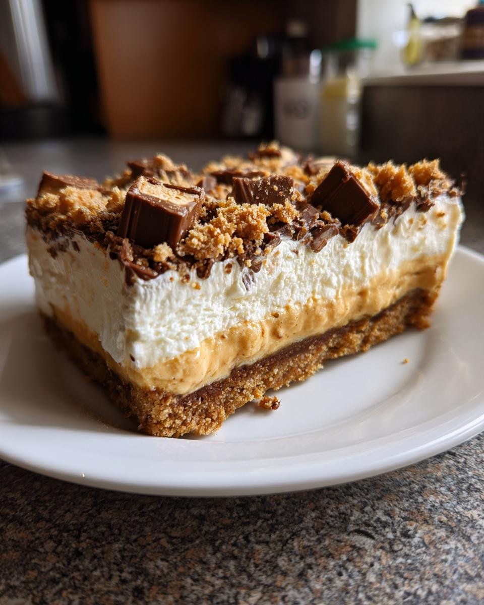 A rich slice of layered Butterfinger Desserts featuring a crust, peanut butter layer, whipped topping, and chopped candy.
