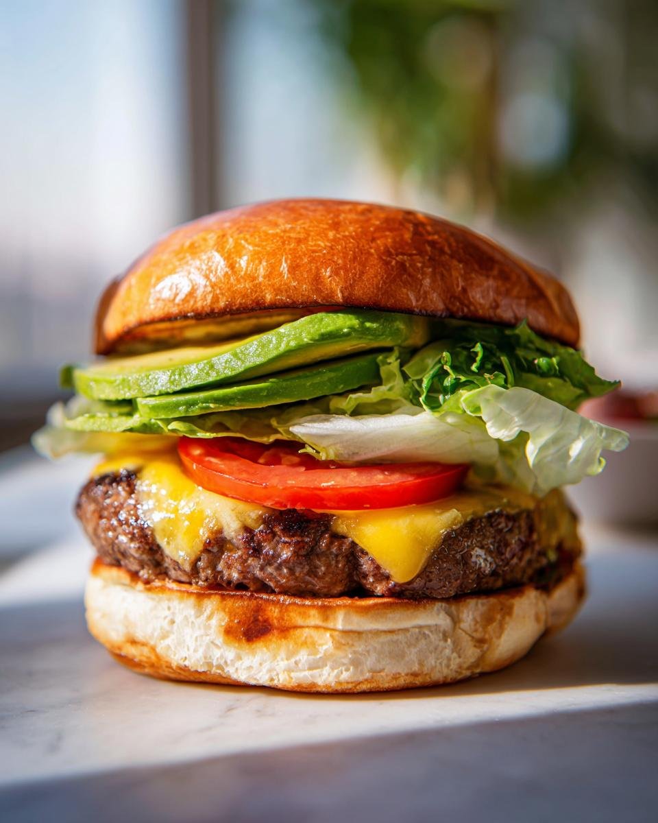 Close-up of a delicious California Burgers stacked high with a beef patty, melted cheese, tomato, lettuce, and avocado slices.
