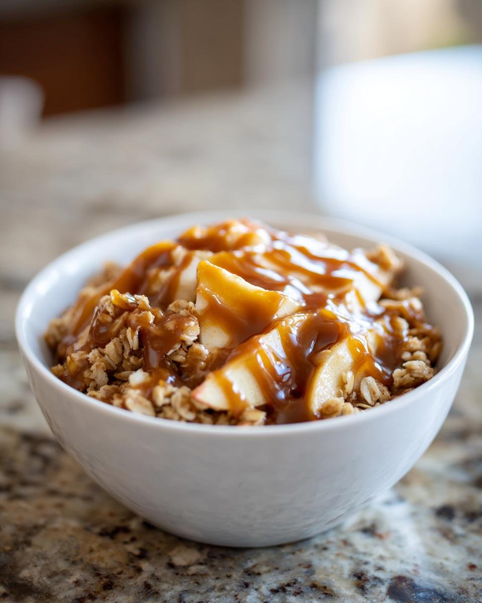 Close-up of a white bowl filled with Caramel Apple Crisp, topped with apple slices and rich caramel sauce.