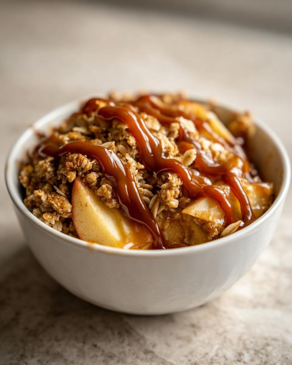 Close-up of a white bowl filled with Caramel Apple Crisp topped with a thick caramel sauce drizzle.