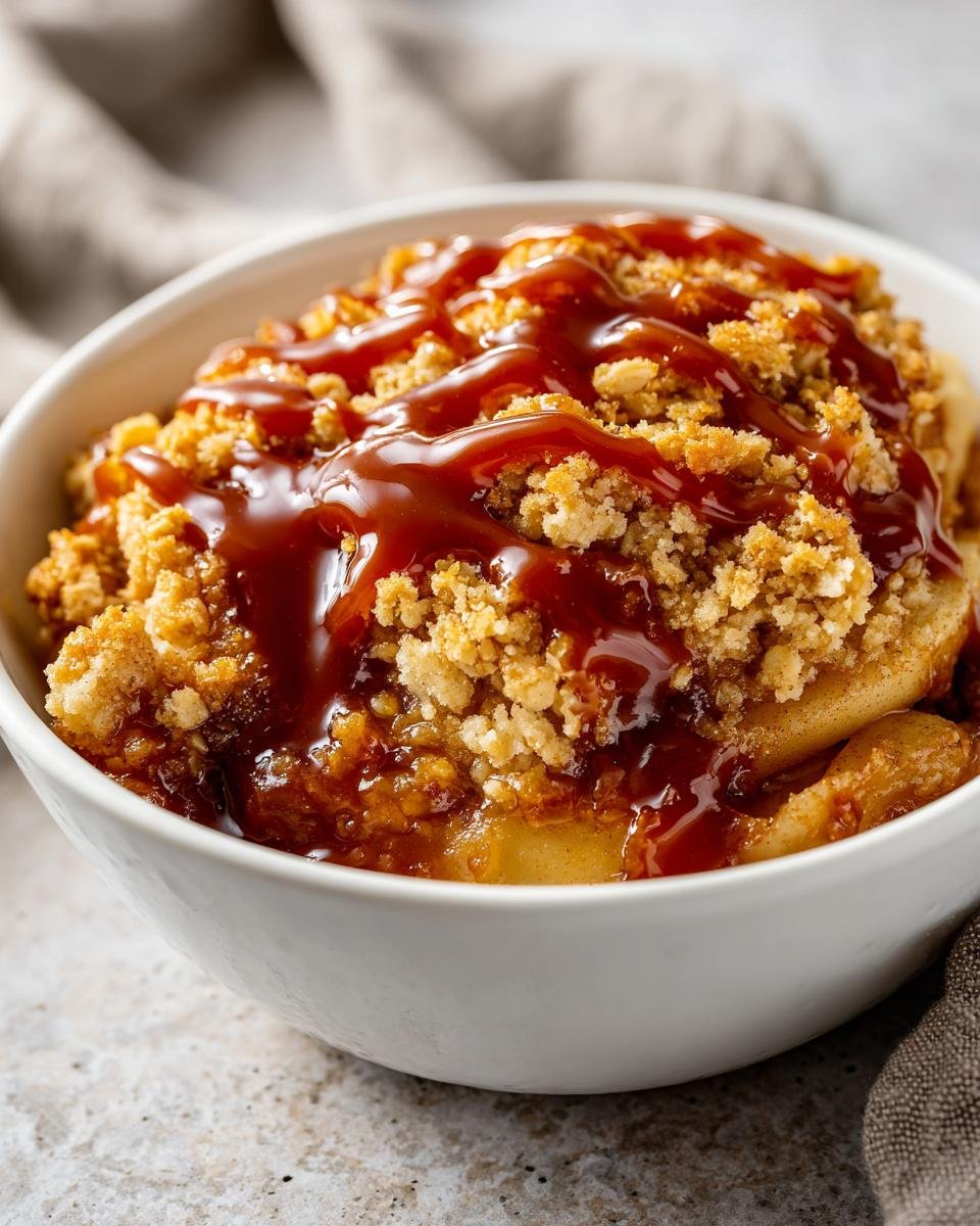 Close-up of a serving of warm Caramel Apple Crisp topped with a generous caramel sauce drizzle in a white bowl.