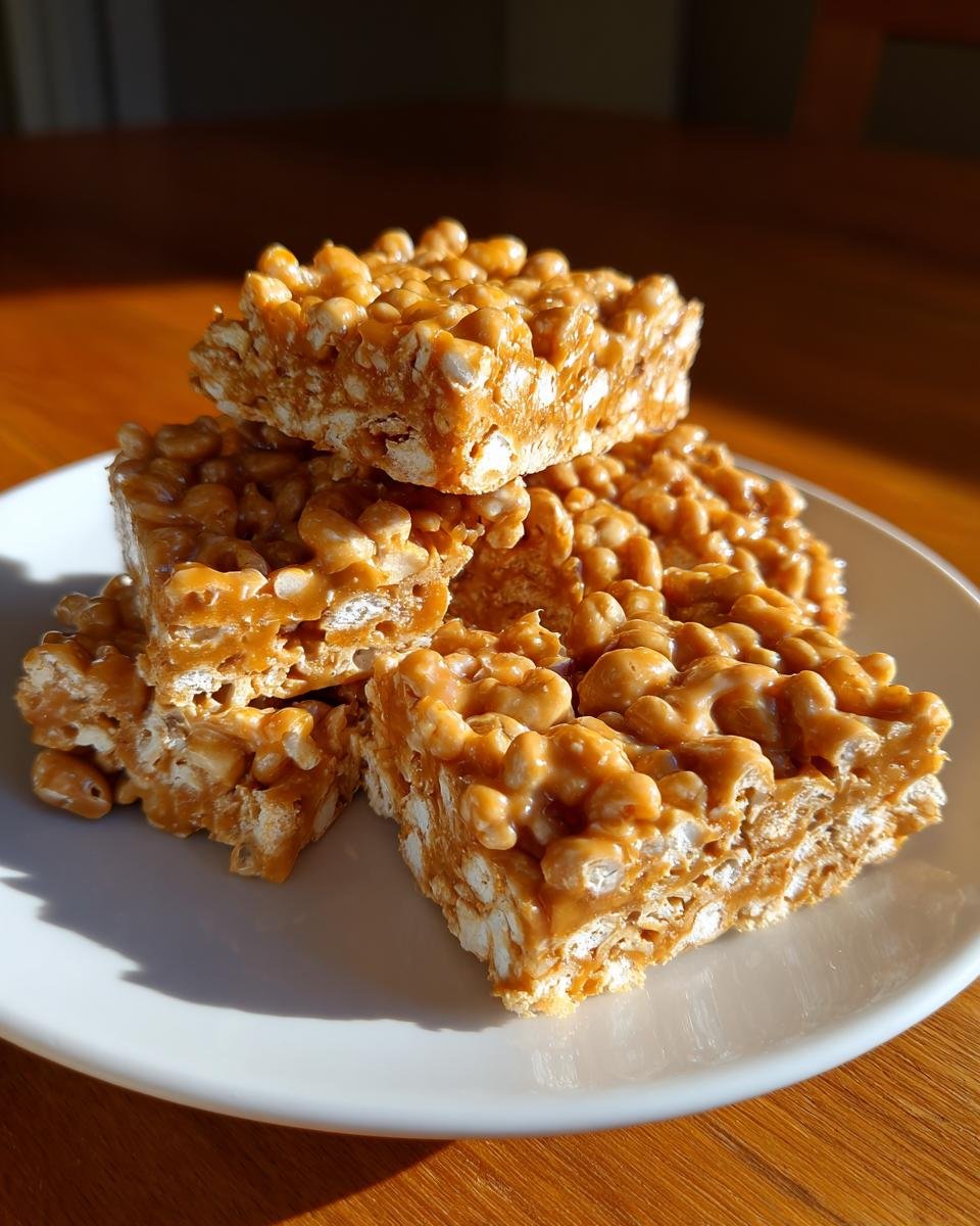 Close-up of stacked caramel popcorn desserts bars, showing the sticky, chewy texture of these easy popcorn desserts.