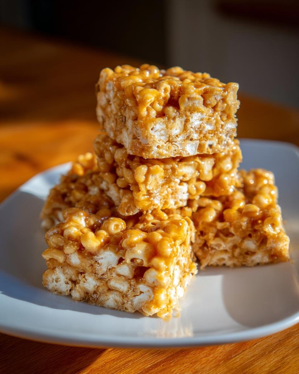 A stack of gooey, golden caramel popcorn desserts bars sitting on a light gray plate.