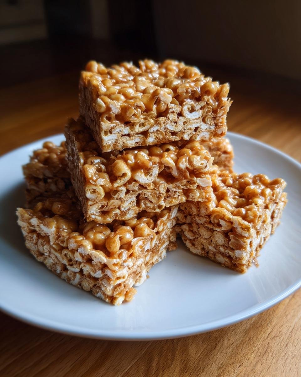 A stack of homemade caramel popcorn desserts squares on a white plate, showcasing the sticky texture.