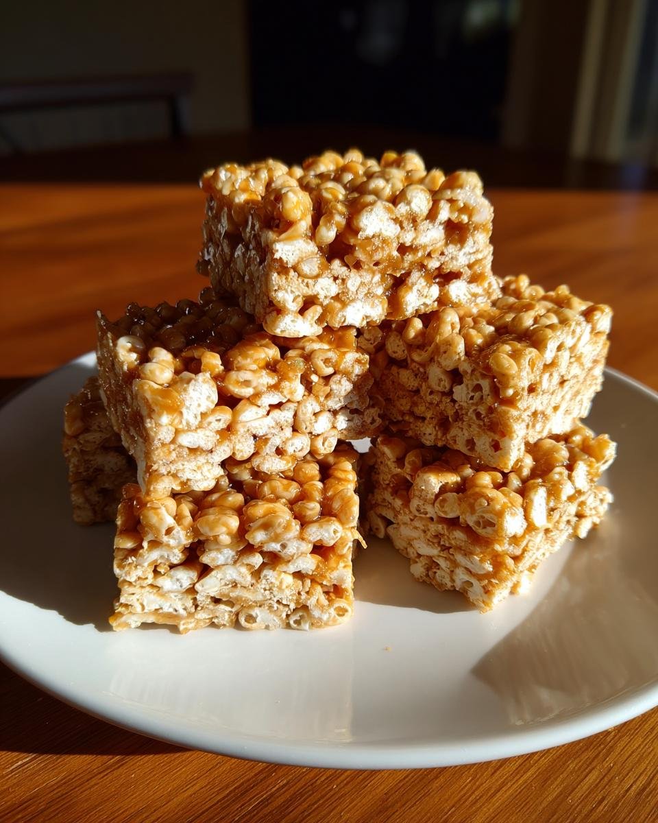 A stack of chewy, golden caramel popcorn desserts squares sitting on a white plate, perfect for quick popcorn desserts.