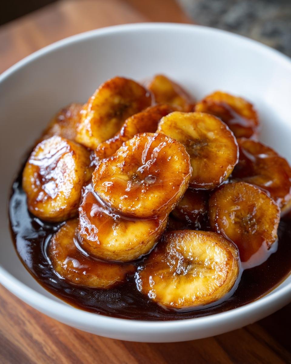 A white bowl filled with thick, glossy Caramelized Bananas swimming in a dark, rich syrup.
