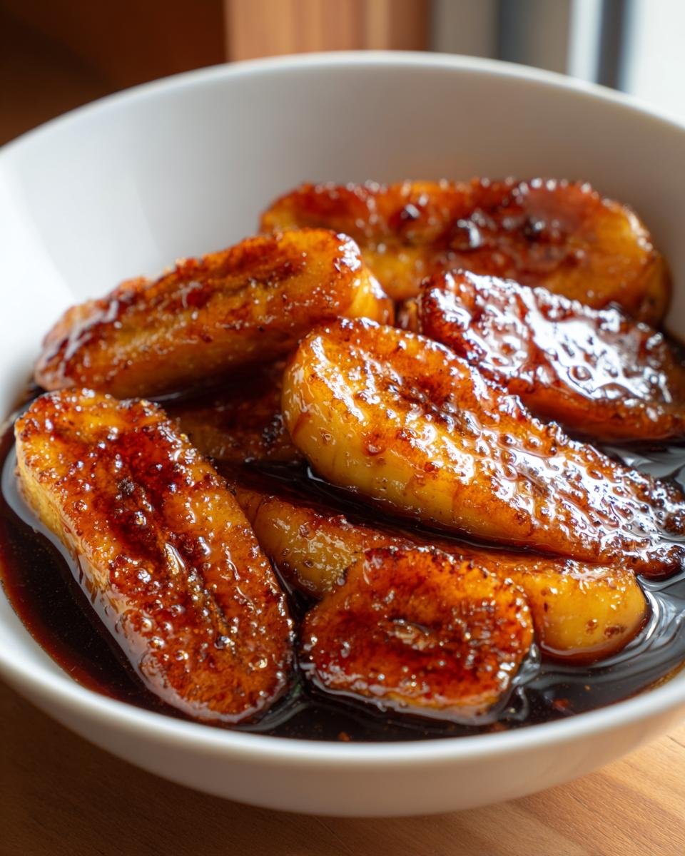Close-up of thick slices of caramelized bananas soaking in a dark, glossy caramel sauce in a white bowl.