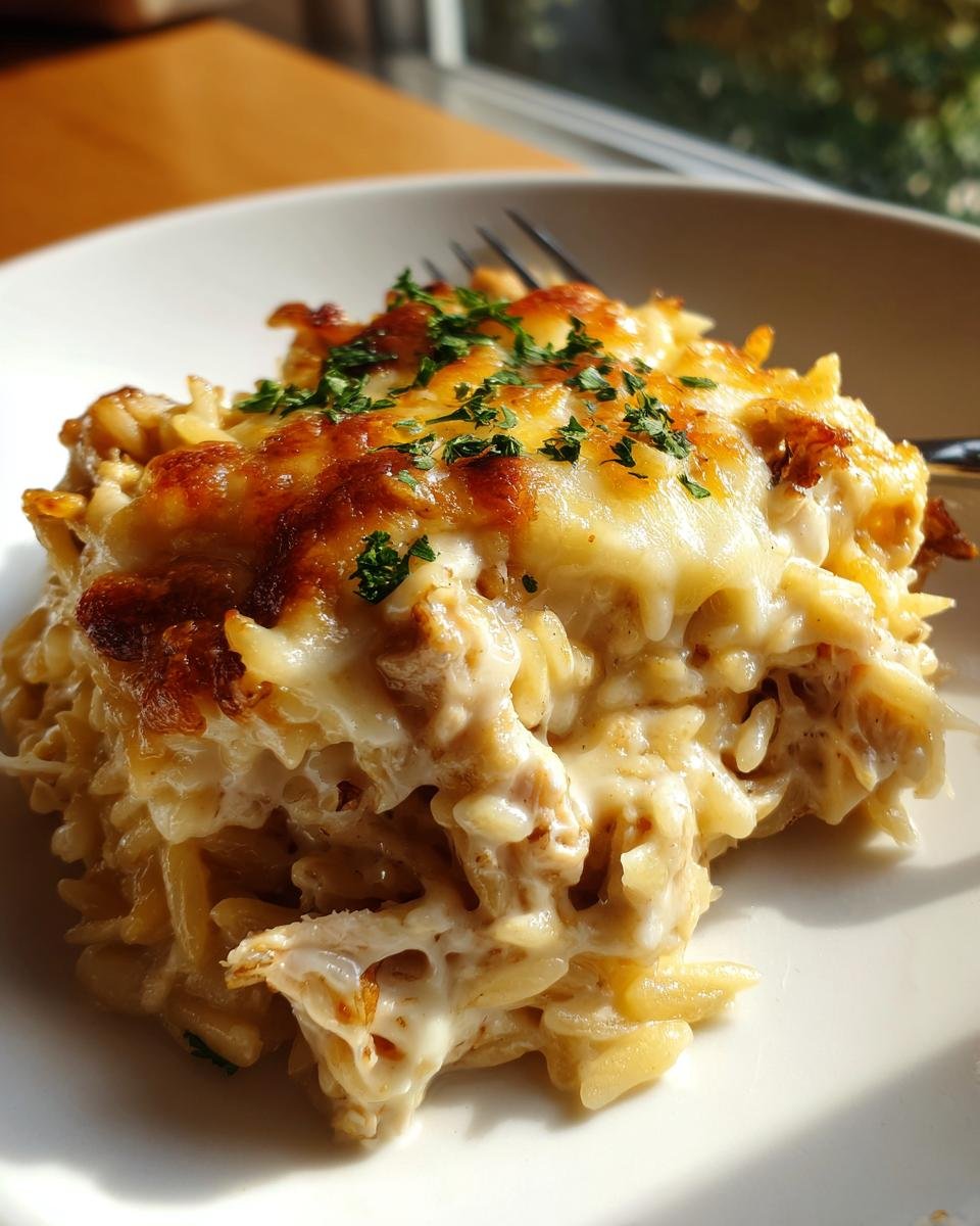 Close-up of a serving of creamy Cheesy Chicken Orzo topped with melted, browned cheese and fresh parsley.